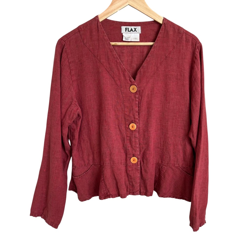 Flax Muted Red 100% Linen V Neck Long Sleeve Button Shirt SZ S Lagenlook Boho